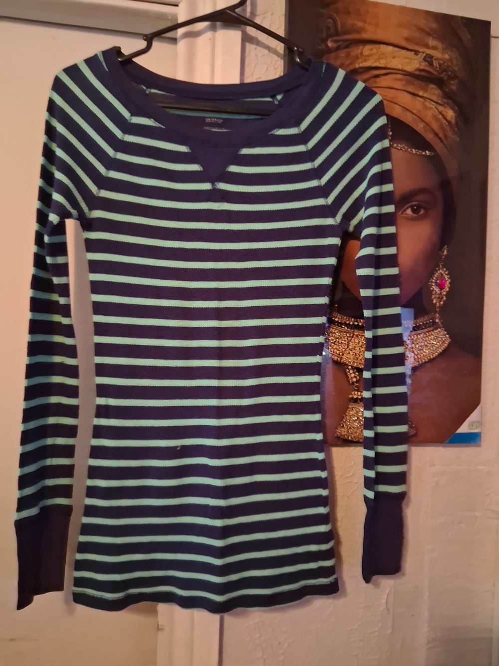 Striped Navy and Mint Long-Sleeve Women's Top
